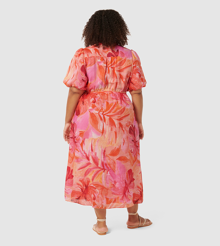 LOREN Printed Puff Sleeves Curve Midi Dress