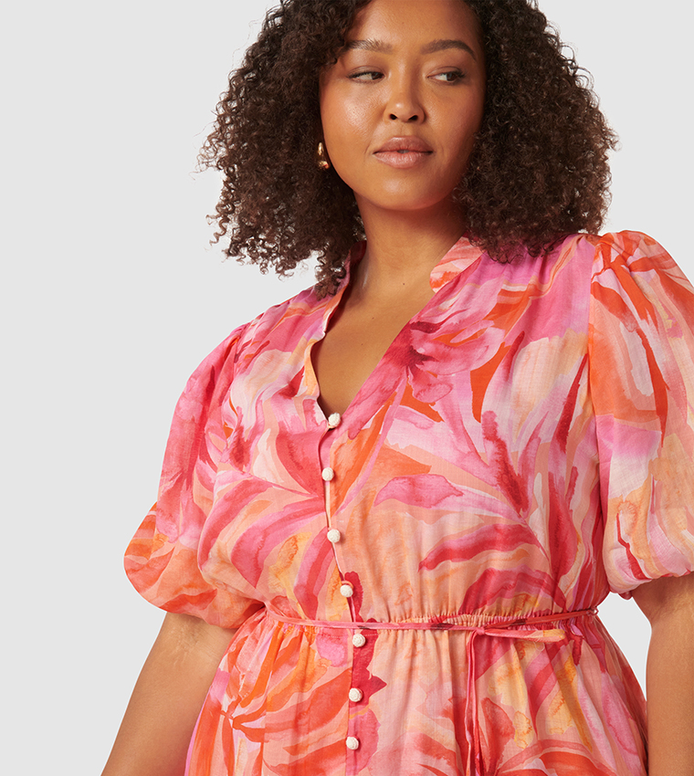 LOREN Printed Puff Sleeves Curve Midi Dress