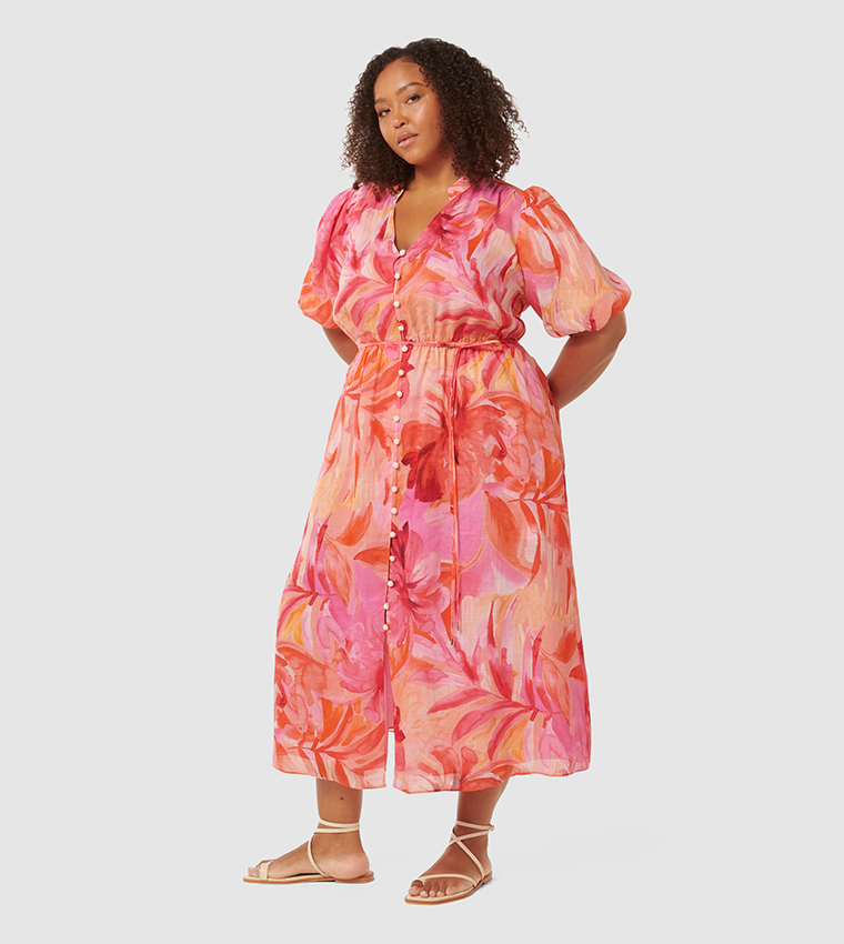 LOREN Printed Puff Sleeves Curve Midi Dress