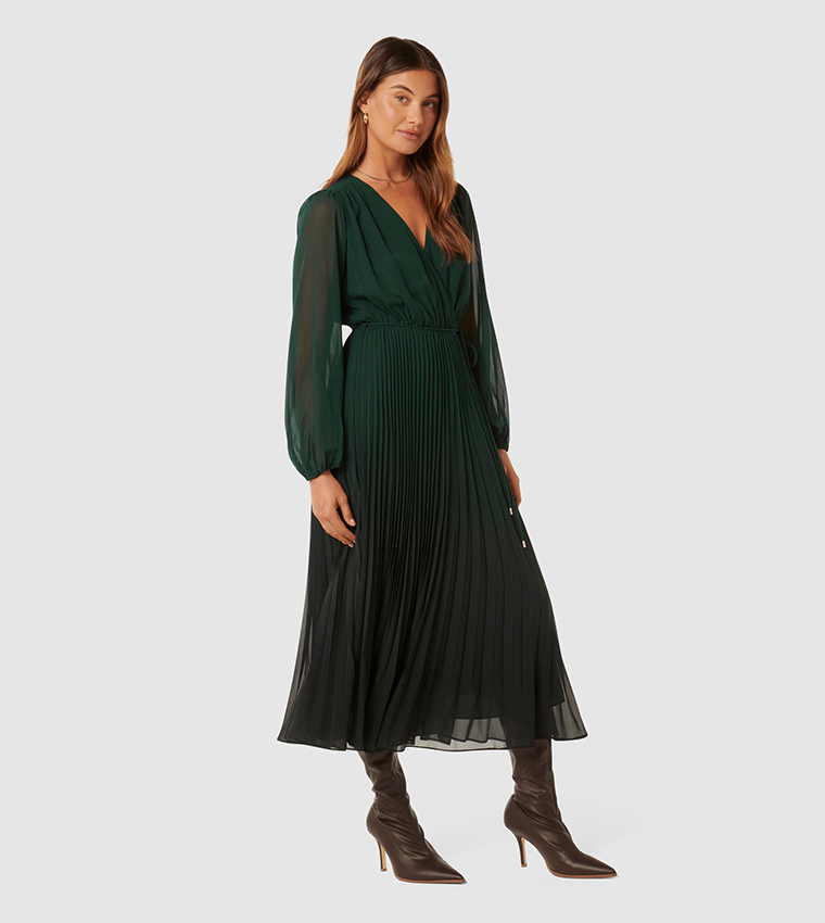 PRISCILLA Solid Pleated Midi Dress