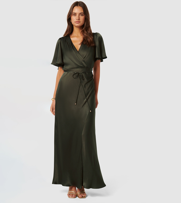 CHELSEA Flutter Sleeves Satin Maxi Dess