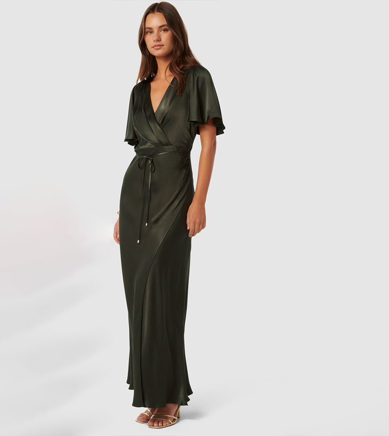 CHELSEA Flutter Sleeves Satin Maxi Dess