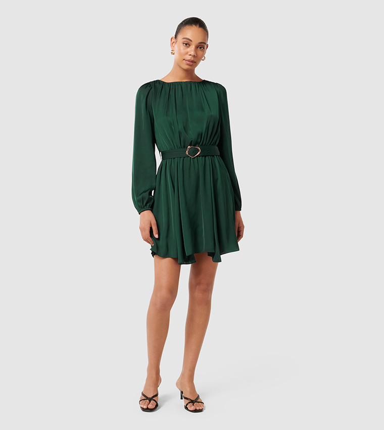 green emerald velvet dress Kenzie Off Shoulder Ruffle Mini Dress Holly Green main image 1