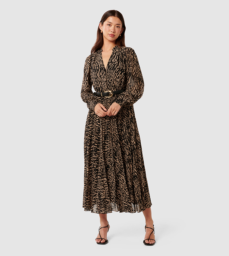 SASKIA Printed Pleated Wrap Midi Dress