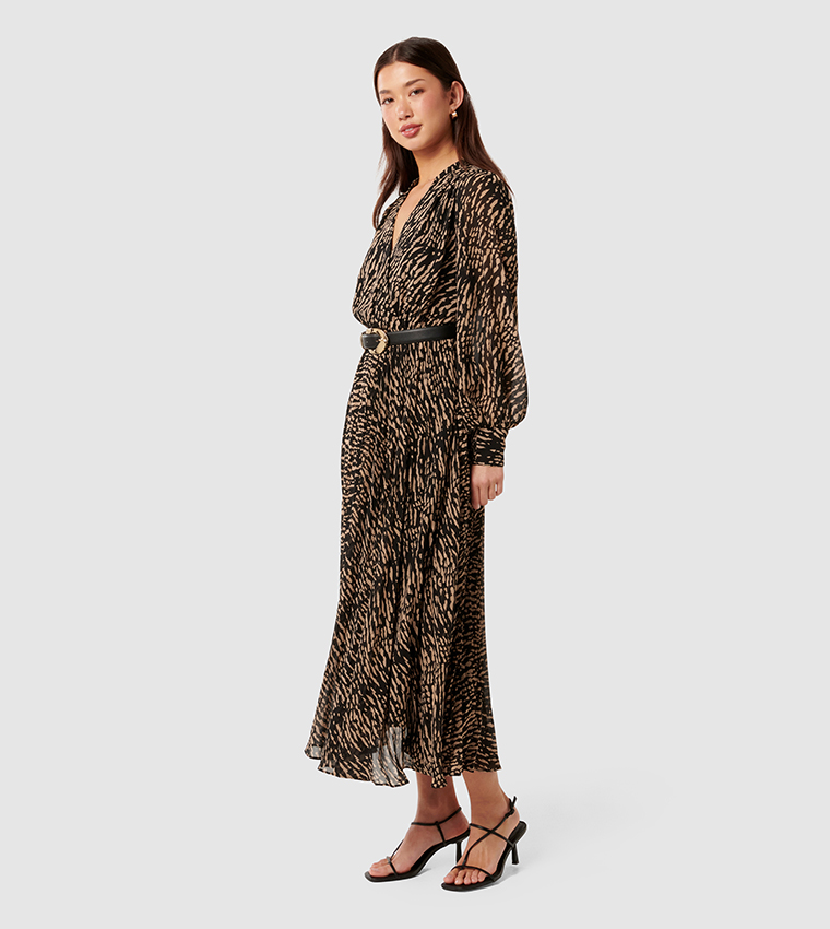 SASKIA Printed Pleated Wrap Midi Dress