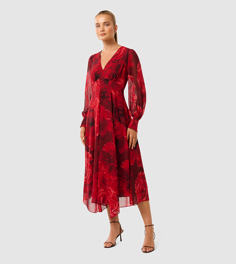 midi dresses sydney Women's A&F Sydney Smocked Dipped-Waist Midi Dress in Red Stripe | Size XS