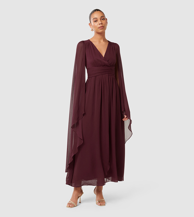 ezra burgundy wrap dress Buy Forever New EZRA Cape Sleeve Maxi Dress In Maroon