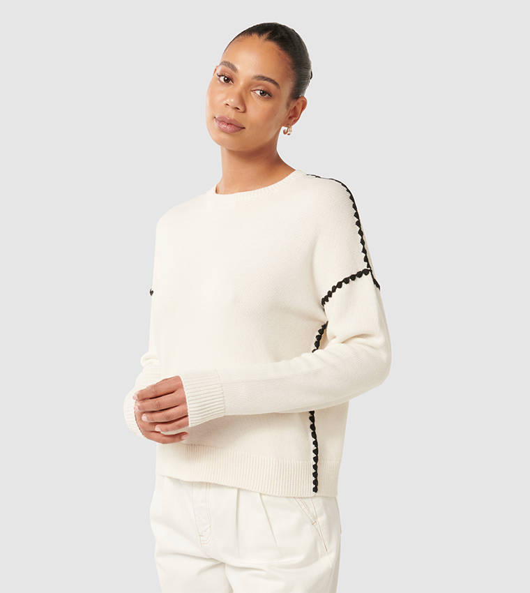 Contrast Whipstitch Detail Knit Sweater: Black
