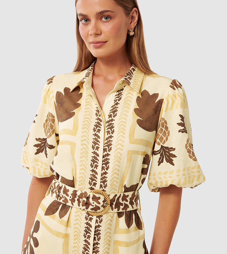 NORA Printed Linen Midi Shirt Dress