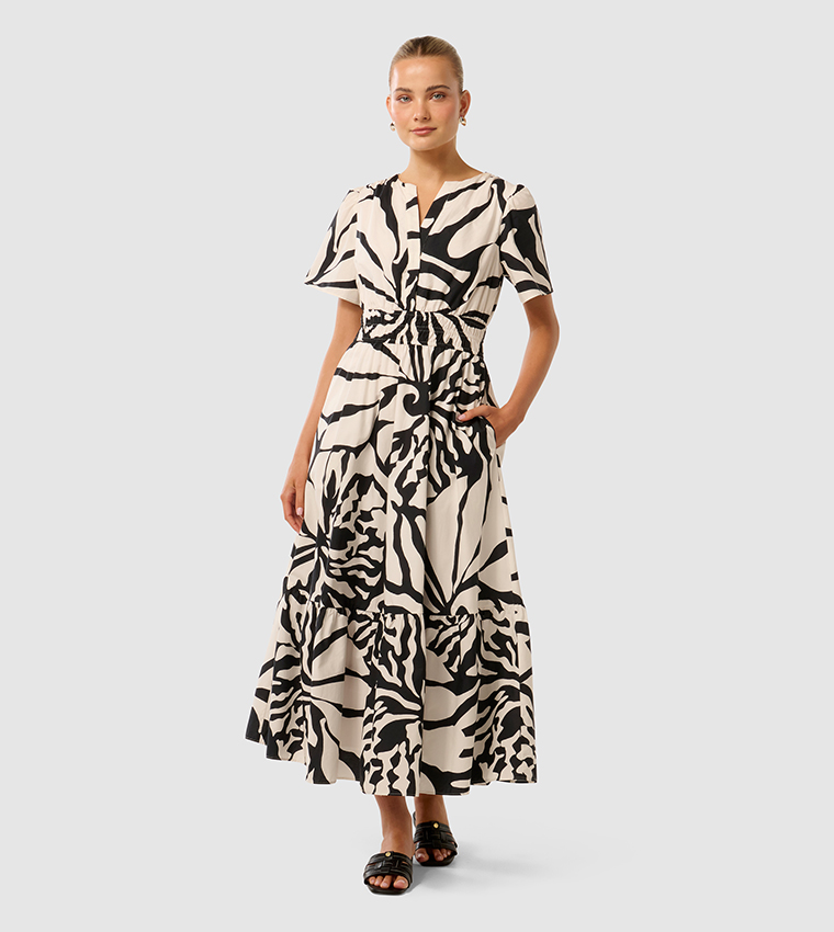 ELEANOR Printed Short Sleeves Midi Dress