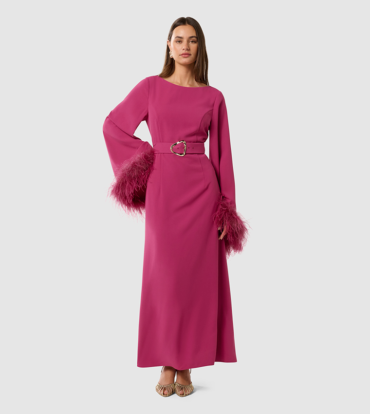 AMY Solid Feather Detail Maxi Dress