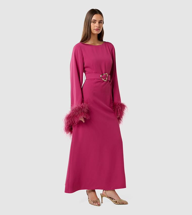 AMY Solid Feather Detail Maxi Dress
