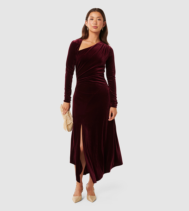 Buy Forever New SAWYER Asymmetric Neck Velvet Dress In Maroon | 6thstreet  UAE