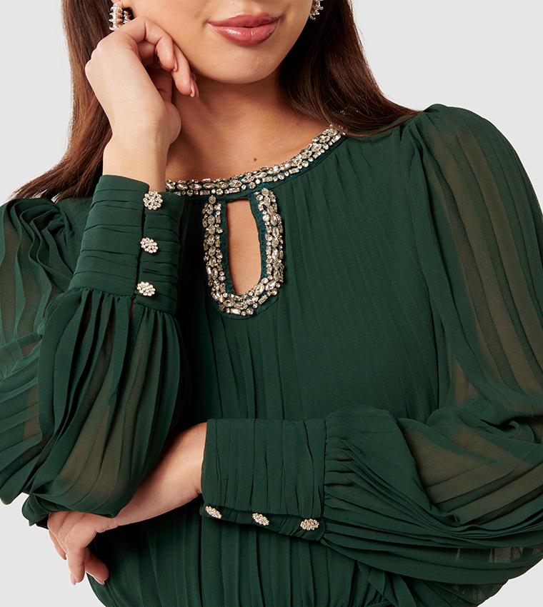 ZELDA Embellished Pleated Midi Dress