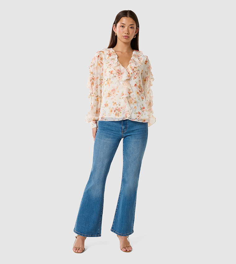 NOVI Printed V-Neck Ruffle Top