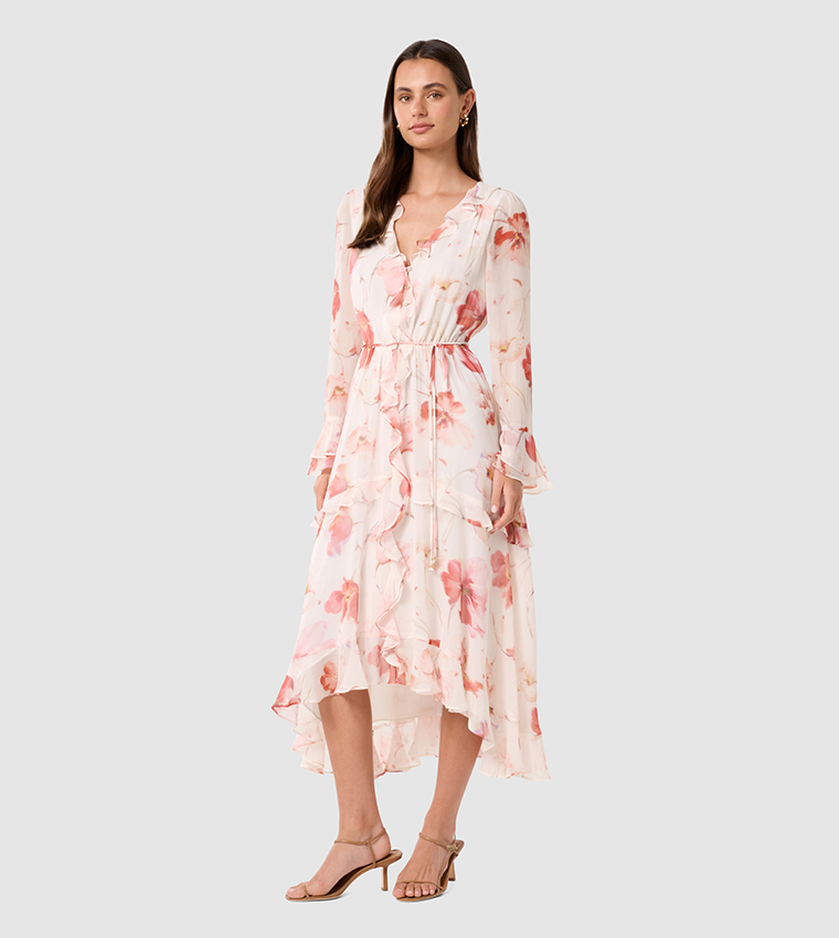 KYA Printed Long Sleeves Frill Midi Dress