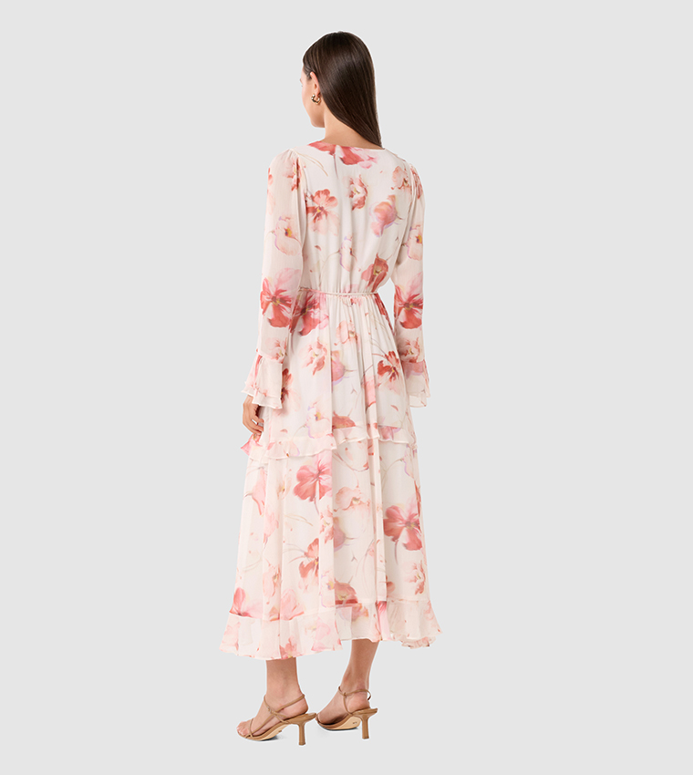 KYA Printed Long Sleeves Frill Midi Dress