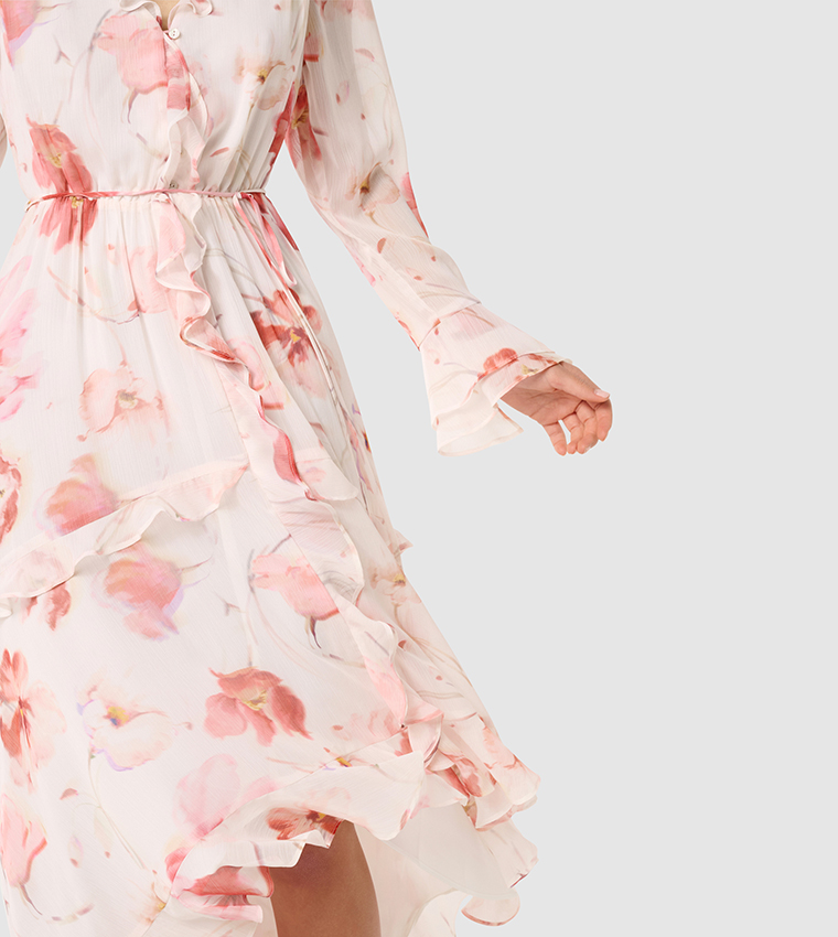 KYA Printed Long Sleeves Frill Midi Dress