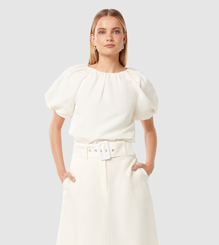 ASHTIN Pleated Puff Sleeves Linen Top