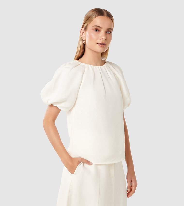 ASHTIN Pleated Puff Sleeves Linen Top