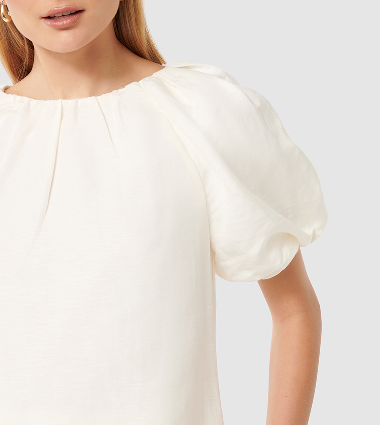 ASHTIN Pleated Puff Sleeves Linen Top