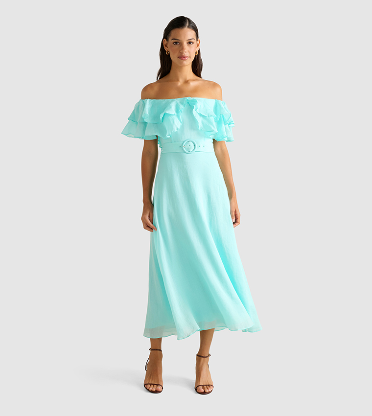 JEMIMA Off Shoulder Ruffle Midi Party Dress