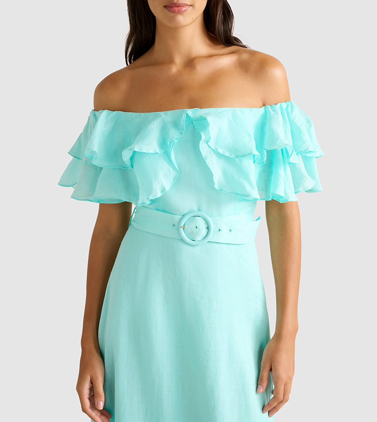 JEMIMA Off Shoulder Ruffle Midi Party Dress