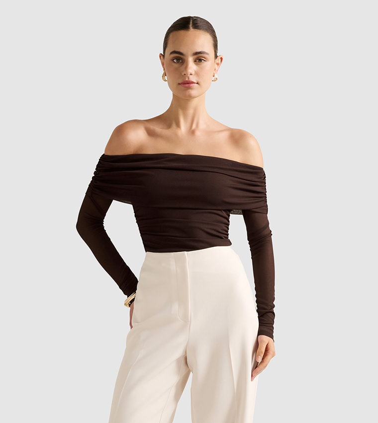 KAIA Ruched Mesh Off-Shoulder Top