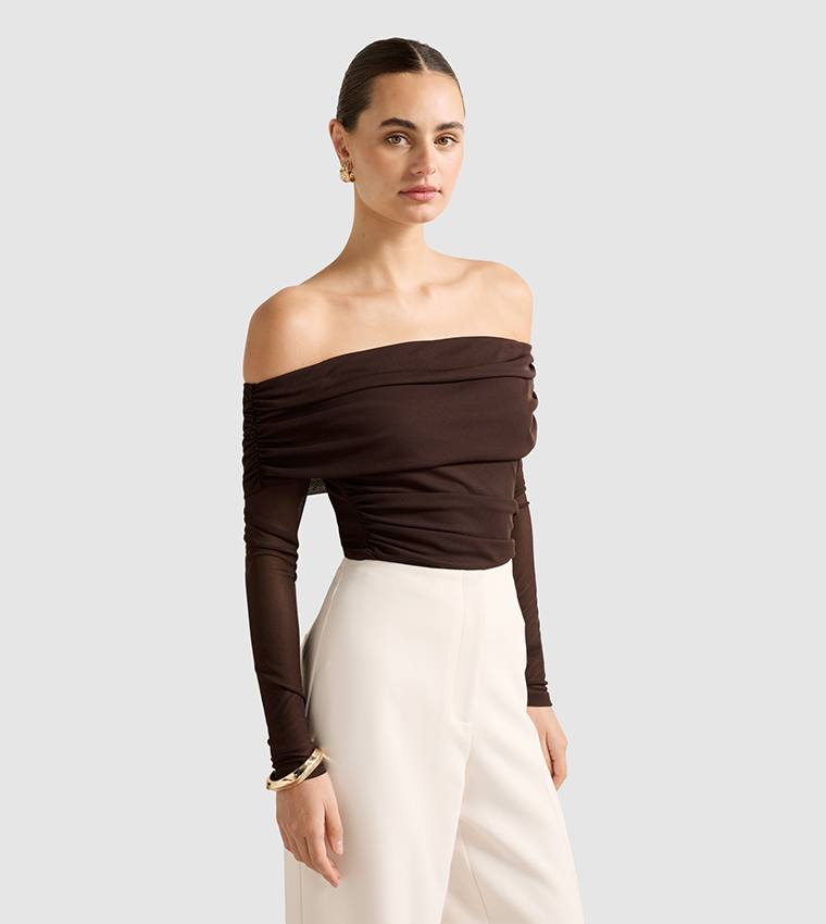 KAIA Ruched Mesh Off-Shoulder Top