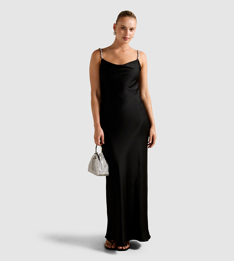 PRESLEY Diamante Strap Satin Maxi Dress
