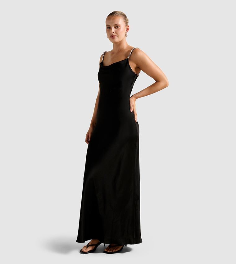 PRESLEY Diamante Strap Satin Maxi Dress