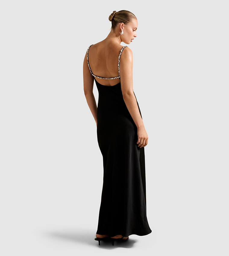 PRESLEY Diamante Strap Satin Maxi Dress