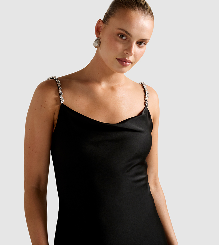 PRESLEY Diamante Strap Satin Maxi Dress