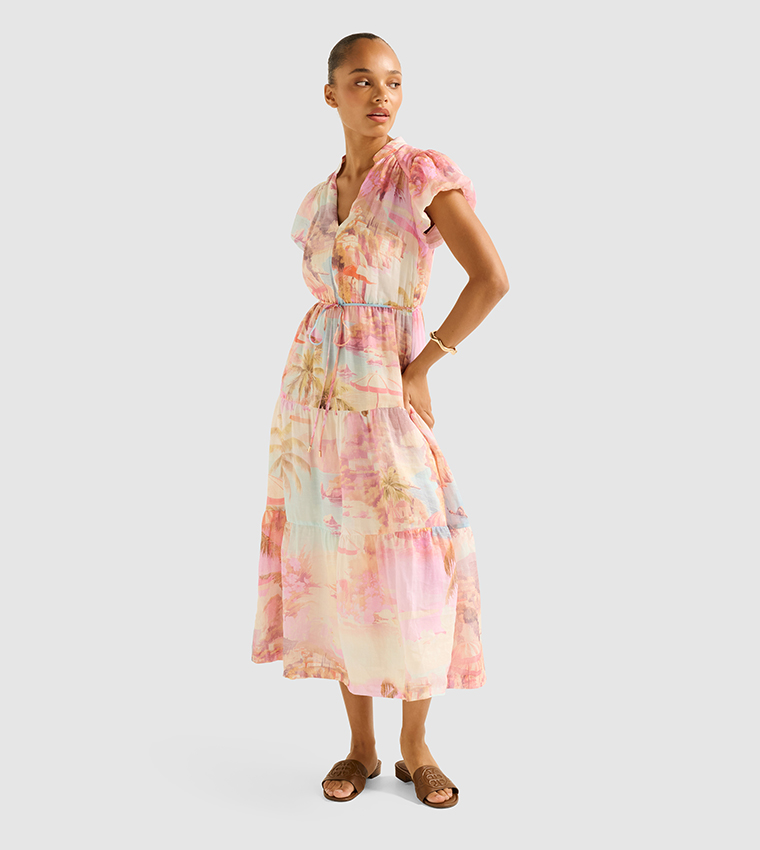JACQUELINE Puff Sleeves Tiered Midi Dress
