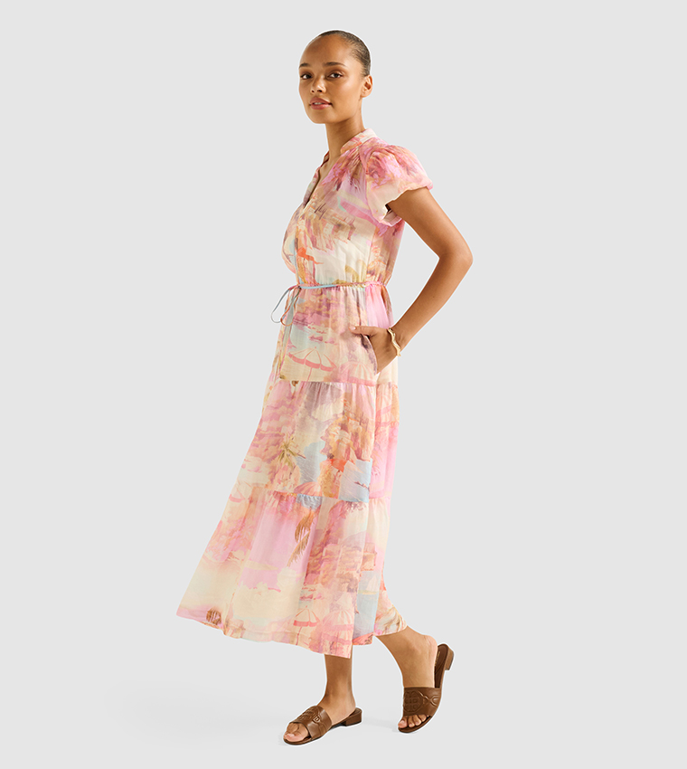 JACQUELINE Puff Sleeves Tiered Midi Dress