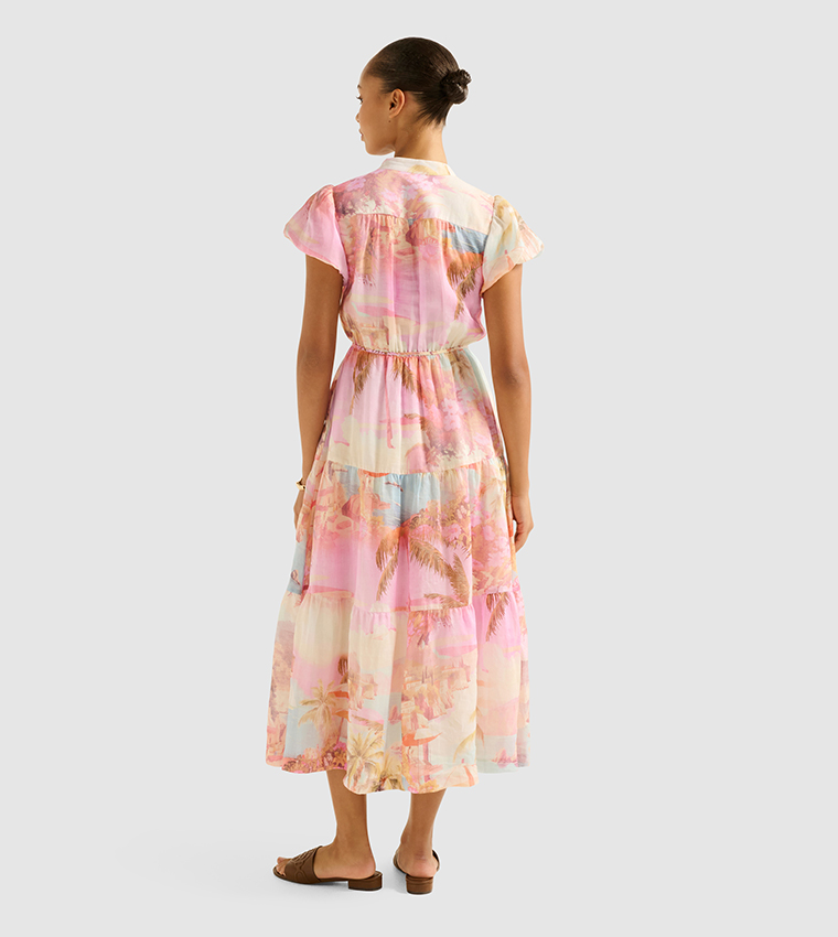 JACQUELINE Puff Sleeves Tiered Midi Dress