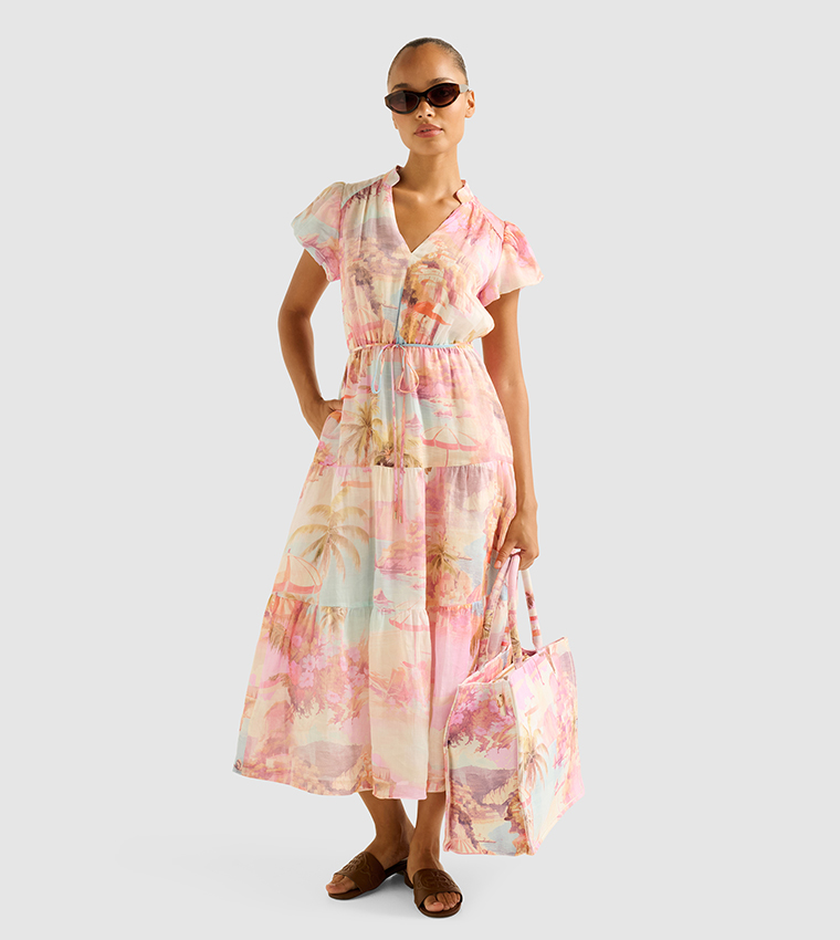 JACQUELINE Puff Sleeves Tiered Midi Dress
