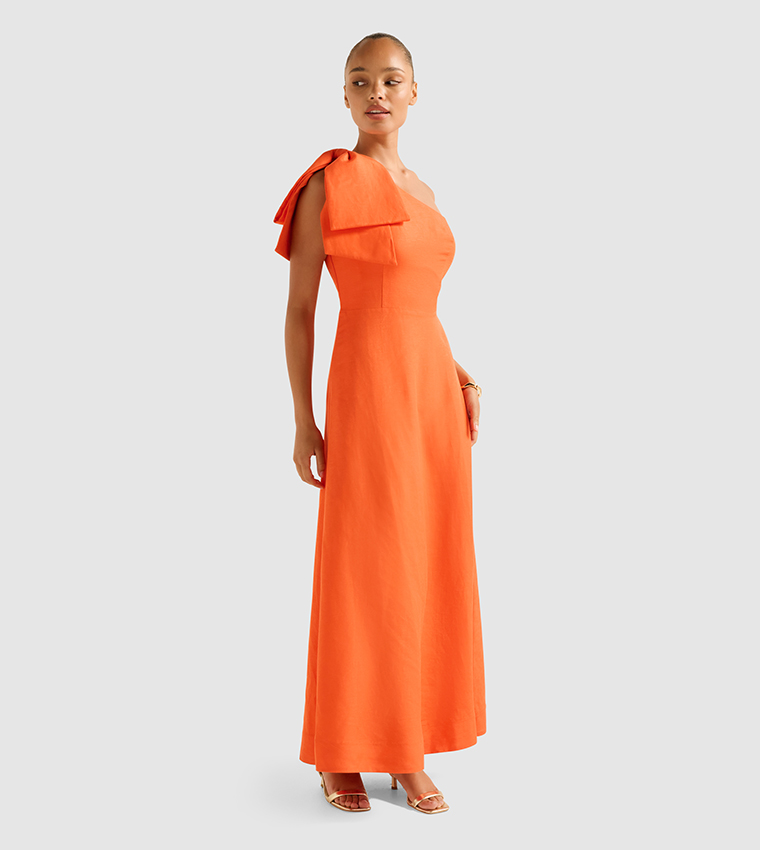 DANNI One Shoulder Asymmetric Bow Midi Dress
