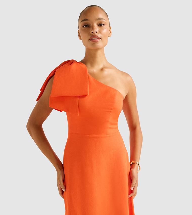 DANNI One Shoulder Asymmetric Bow Midi Dress