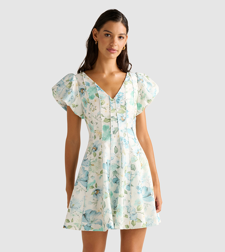CAMDEN Printed Bubble Sleeves Mini Dress