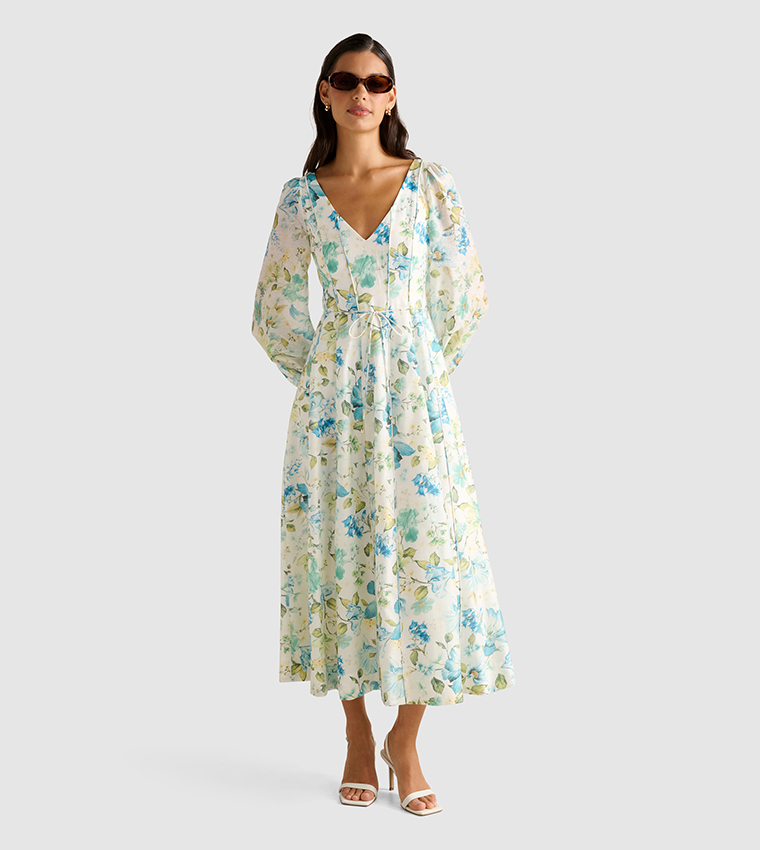 CALI Printed Long Sleeves Midi Dress