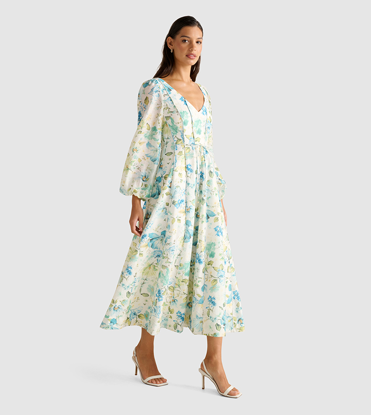 CALI Printed Long Sleeves Midi Dress