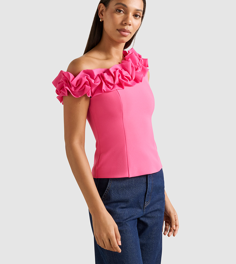 SADIE Asymmetric Neck Ruffled Top