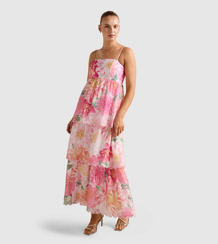 SHAUNA Printed Tiered Midi Dress