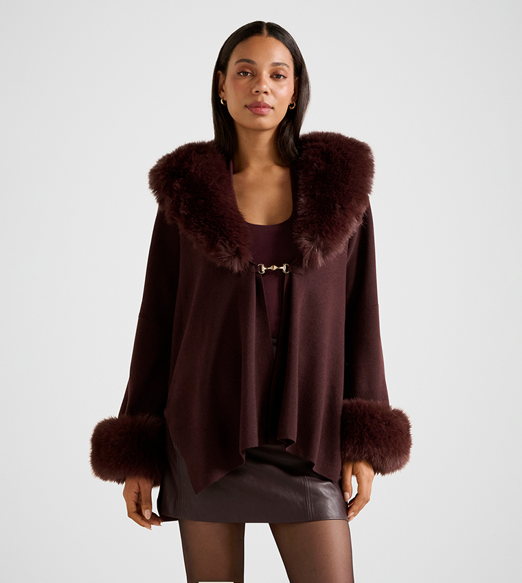 ALIA Faux Fur Trim Knit Cape