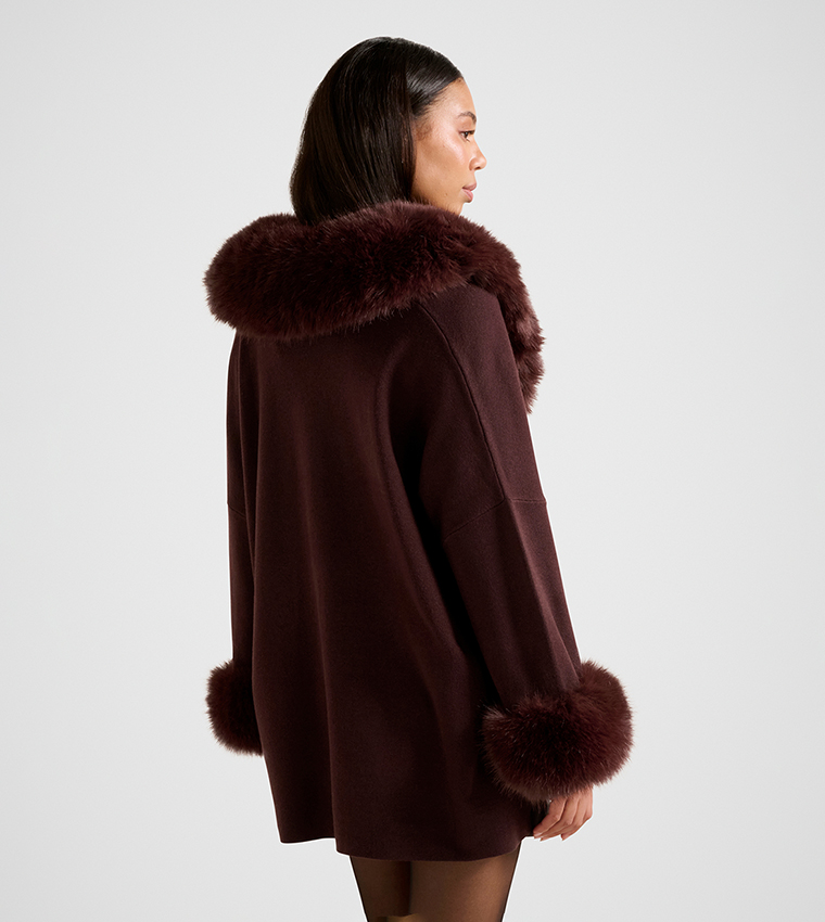 ALIA Faux Fur Trim Knit Cape