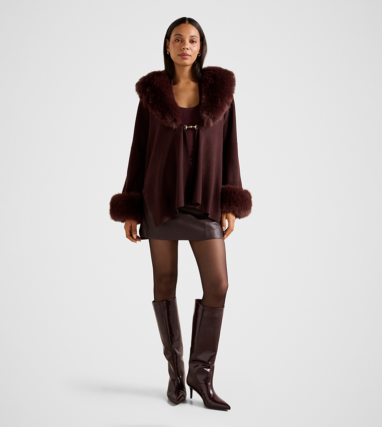ALIA Faux Fur Trim Knit Cape