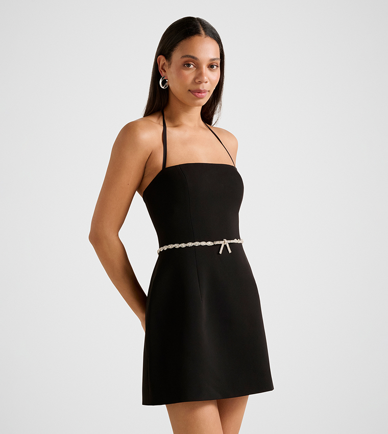 MATTIE Halterneck Diamante Bow Mini Dress