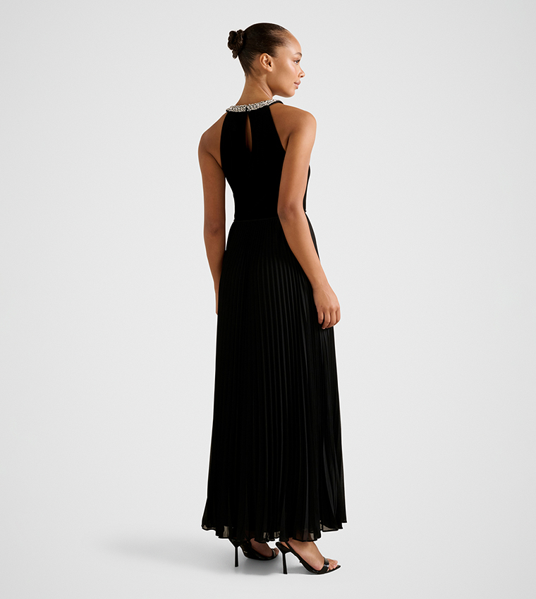 GWEN Halterneck Pleated Midi Dress