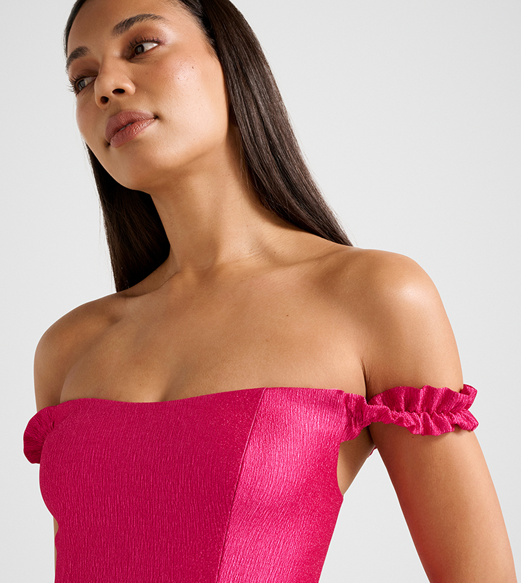 MANDY Bardot Ruffle Mini Dress